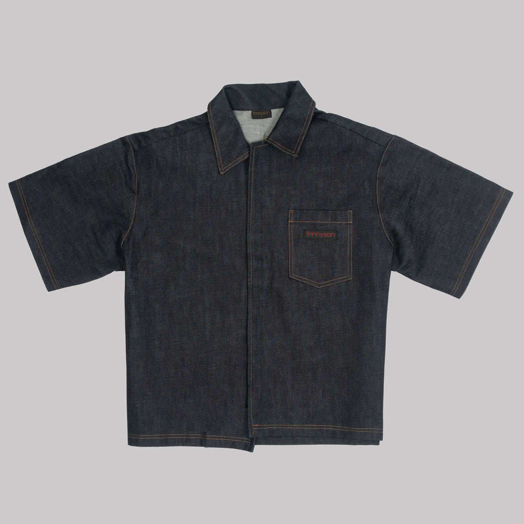 Thick Cotton Velcro Fastening Bowling Shirt - Indigo