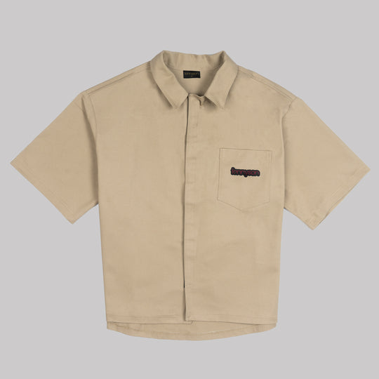 Thick Cotton Velcro Fastening Bowling Shirt - Beige