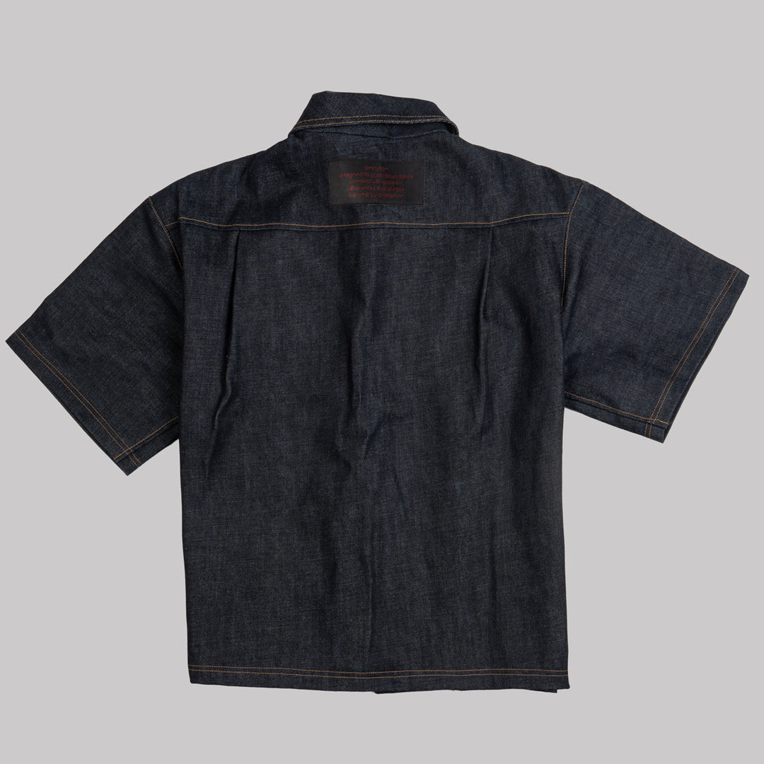 Thick Cotton Velcro Fastening Bowling Shirt - Indigo