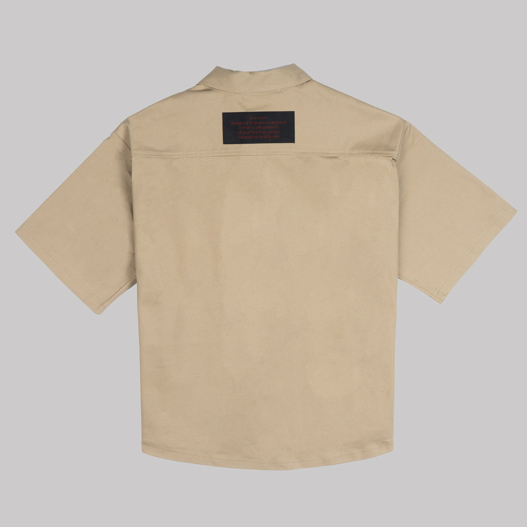 Thick Cotton Velcro Fastening Bowling Shirt - Beige