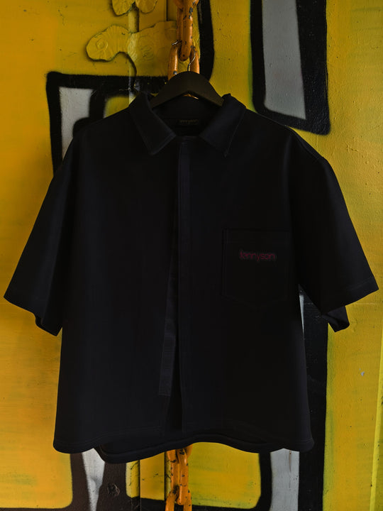 Thick Cotton Velcro Fastening Bowling Shirt - Black