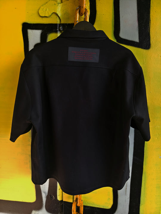 Thick Cotton Velcro Fastening Bowling Shirt - Black