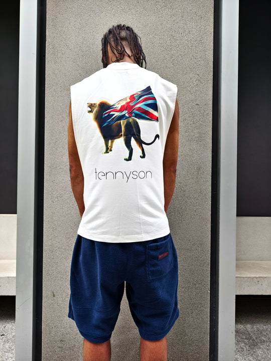 Oversized Tank Top with Lion and British Flag Print - White