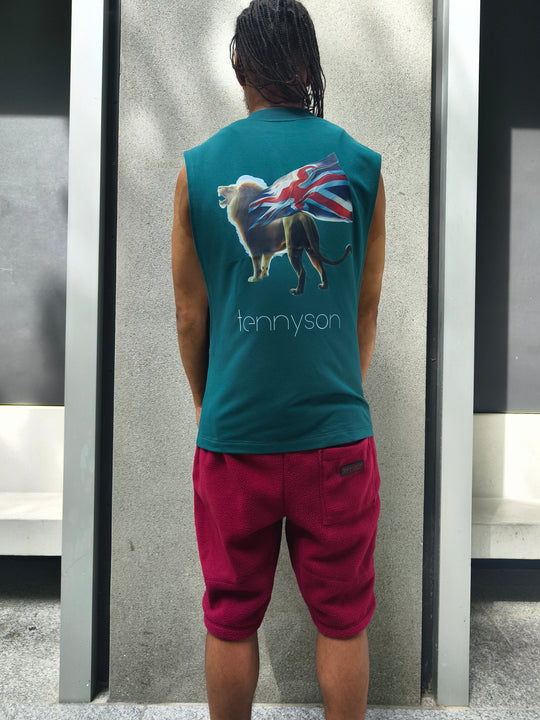 Oversized Tank Top with Lion and British Flag Print - Green