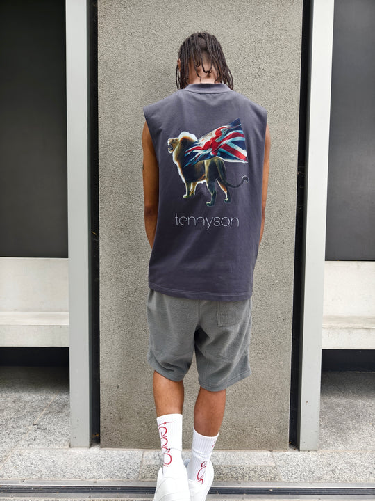 Oversized Tank Top with Lion and British Flag Print - Grey