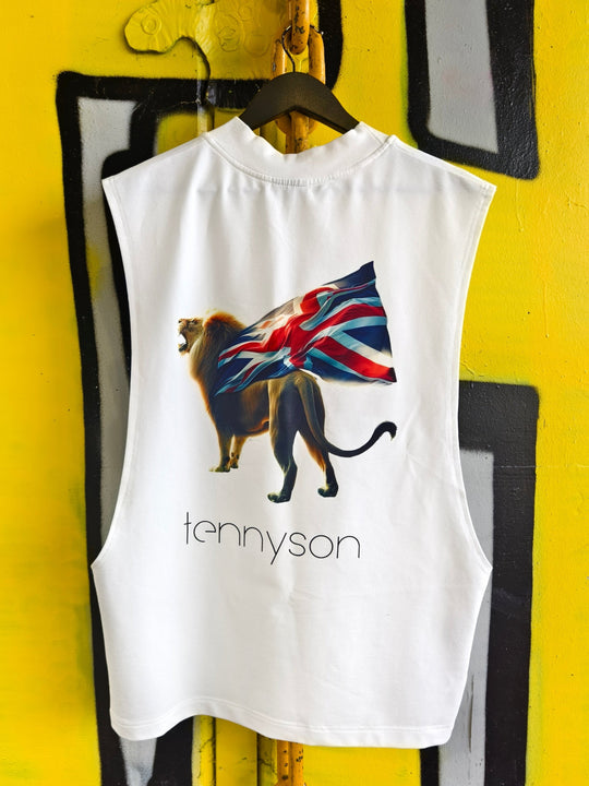 Oversized Tank Top with Lion and British Flag Print - White