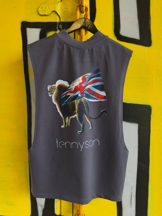 Oversized Tank Top with Lion and British Flag Print - Grey