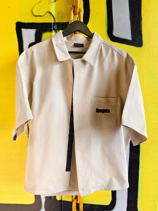 Thick Cotton Velcro Fastening Bowling Shirt - Beige